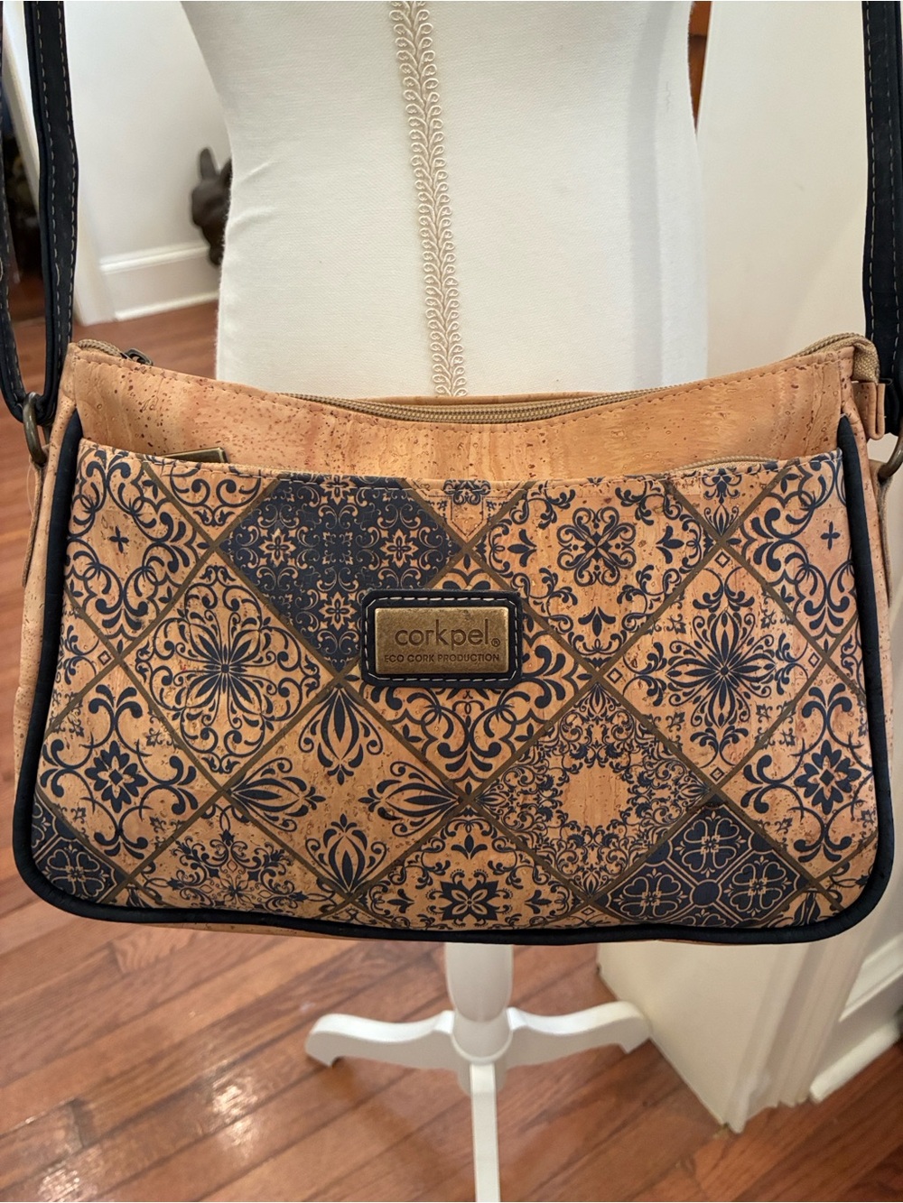 Corkpel Eco Cork Production Blue Tile Pattern Crossbody Bag Handbag